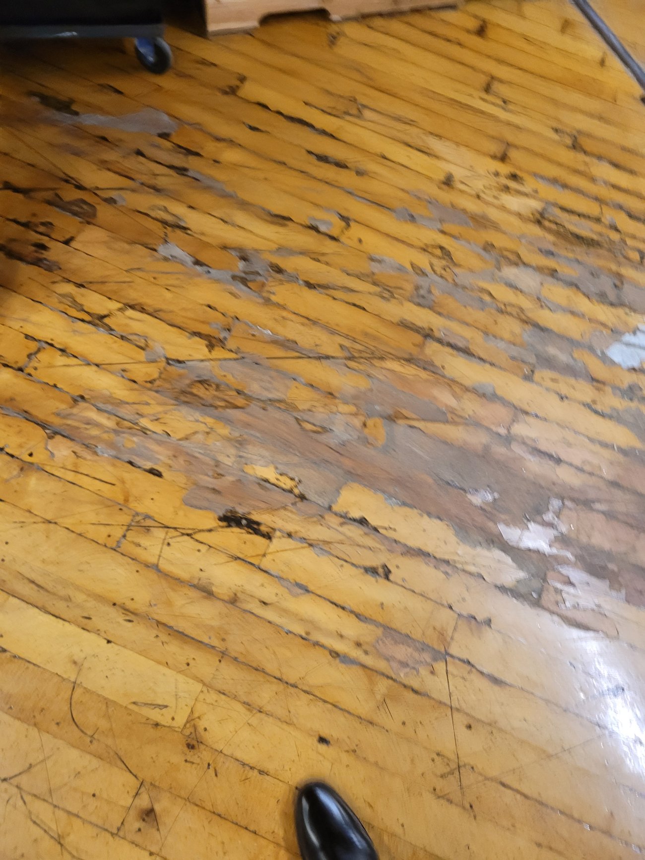 Worn wood gym floor with peeling finish and deep scratches before refinishing